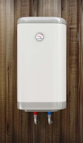 Modern Electric Water Heater on the Wooden Wall with place for Your Text. 3D Rendering
